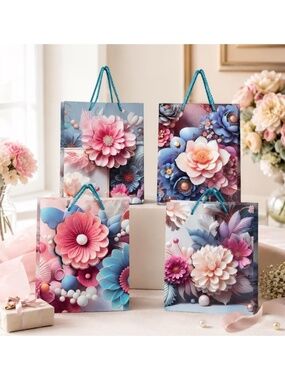 Floral Gift Bags Set 4 Foldable Paperboard Totes W/ Handles Party Birthday Pack